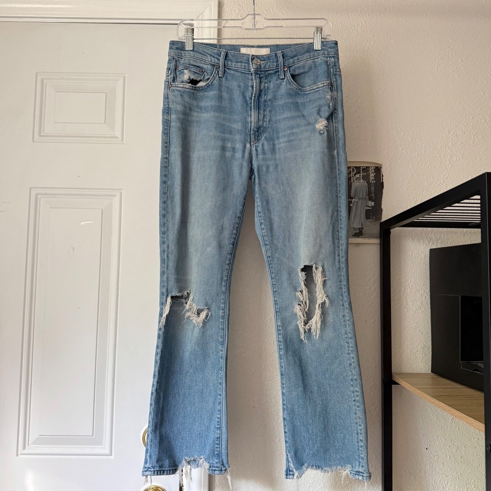MOTHER superior insider ankle chew blue cotton distressed raw fray cropped jeans